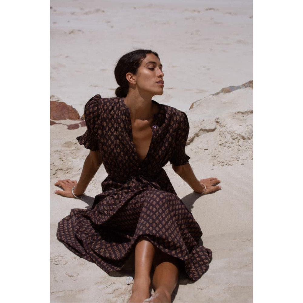 Daughters of India Prairie Dress Coffee XS Brown Tiered Midi Peasant Cottagecore